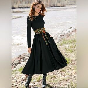 Peruvian Connection Black Anna Fit & Flare Midi Dress Medium